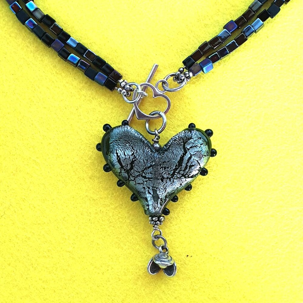 Vintage 925 Silver Handcrafted Art Glass Hematite Boho Heart Statement Necklace
